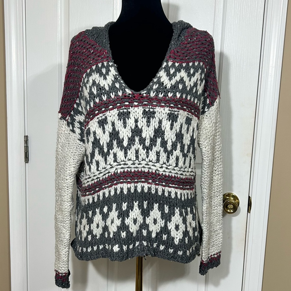 Free People Med Chunky Knit Fair Isle Hooded sweater Oversized Nordic Wool Blend